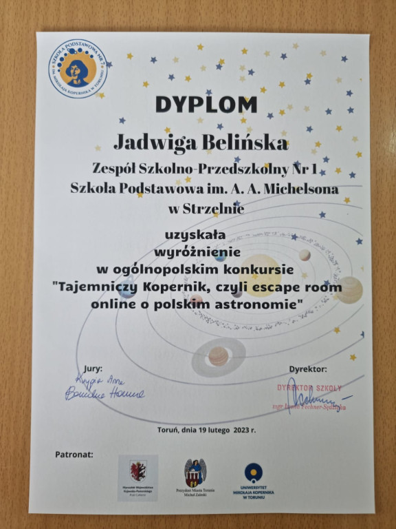Wyróżnienie w konkursie ogólnopolskim dla uczniów strzeleńskiej podstawówki