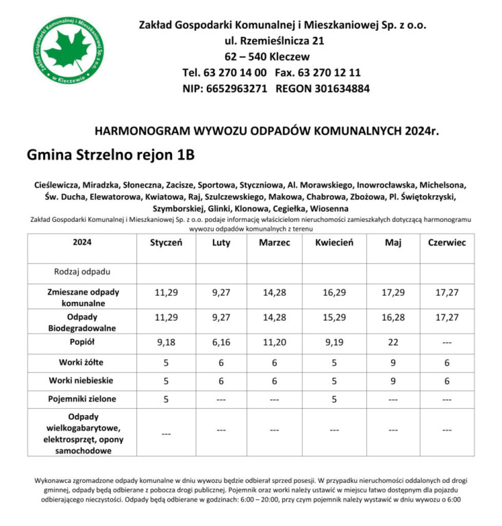 Harmonogram wywozu odpadów styczeń-czerwiec 2024 r. - miasto