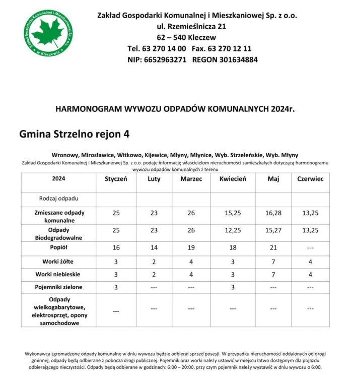 Harmonogram wywozu odpadów styczeń-czerwiec 2024 r. - gmina