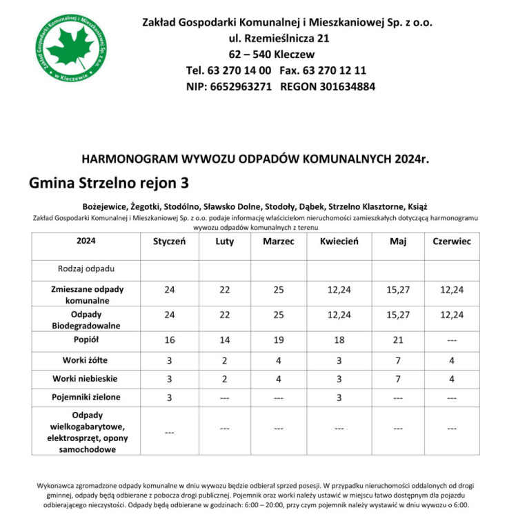 Harmonogram wywozu odpadów styczeń-czerwiec 2024 r. - gmina