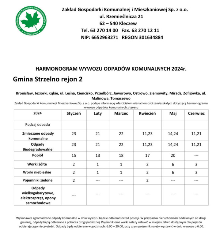 Harmonogram wywozu odpadów styczeń-czerwiec 2024 r. - gmina