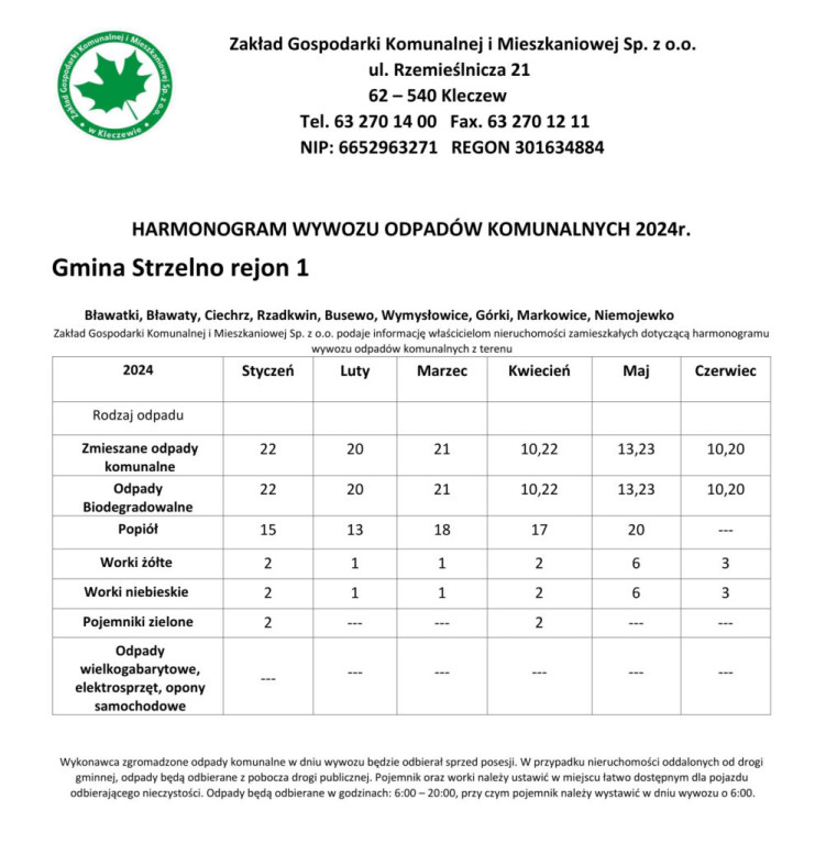Harmonogram wywozu odpadów styczeń-czerwiec 2024 r. - gmina